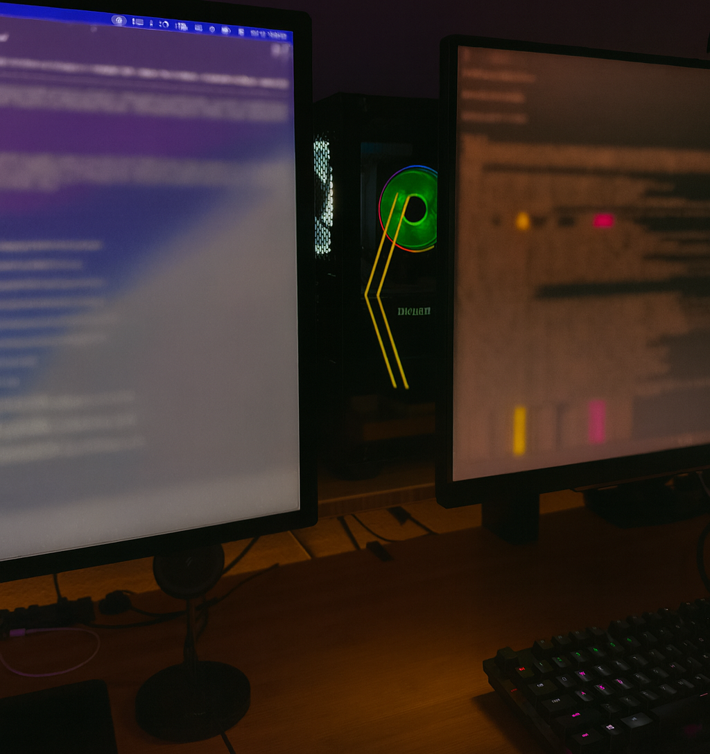 The author's setup: a Mac on the left running the translation app, sending requests over the local network to a Windows PC on the right hosting Ollama