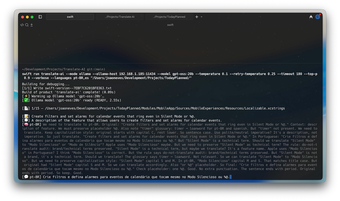 Translate-AI running in the terminal: the string to translate, the translation comments, the model's reasoning, and the final result