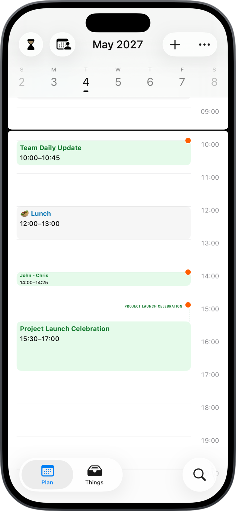 Today Planned screenshot showing the day view with events laid out on a timeline