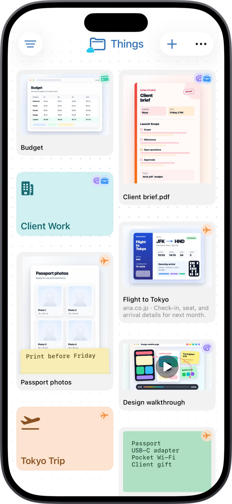 Today Planned screenshot showing Things, with notes, links, files, and plans saved to the day